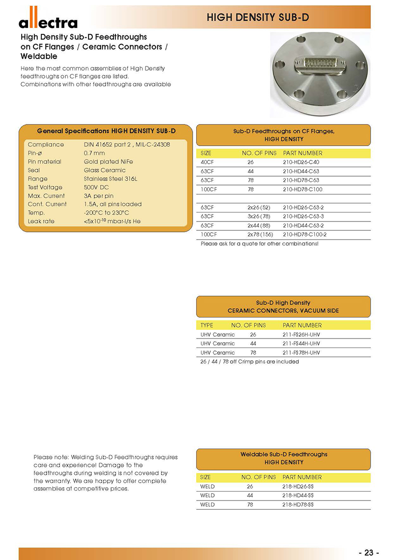 Allectra高密度型Sub-D真空饋通/D-Sub連接器 Allectra高密度型Sub-D真空饋通/D-Sub連接器