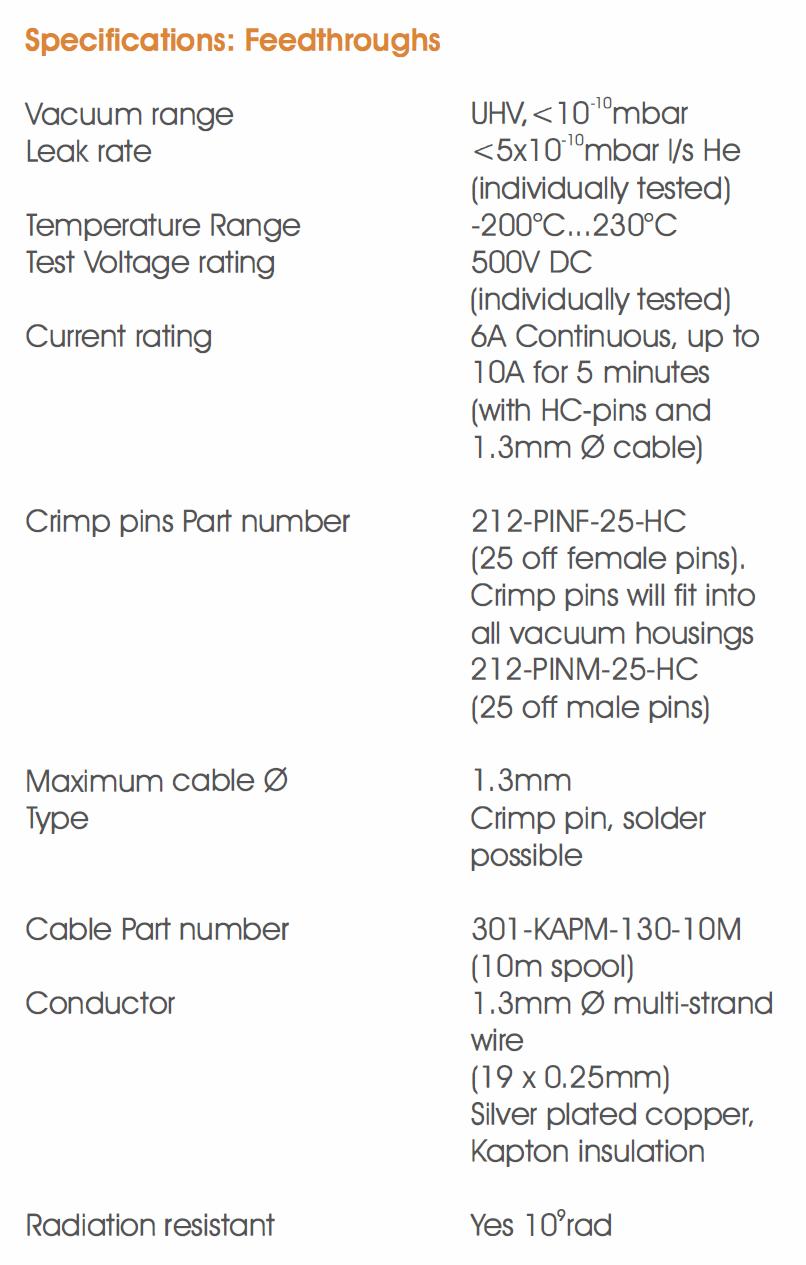 Allectra高電流版Sub-D真空饋通性能參數 Allectra高電流版Sub-D真空饋通性能參數